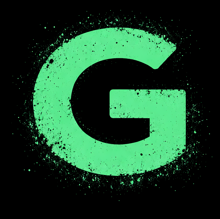 Green stamped letter G logo on black background representing Eric Glas branding